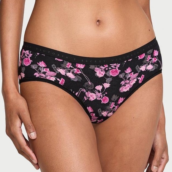 Victoria's Secret Stretch Cotton Hiphugger Panty Black Floral M NEW - Picture 1 of 3